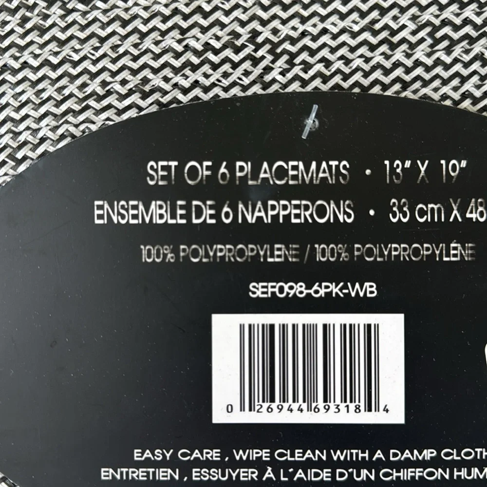 Madison Studio 6 pc Monochrome Oval Placemats 13in x 19in Black White